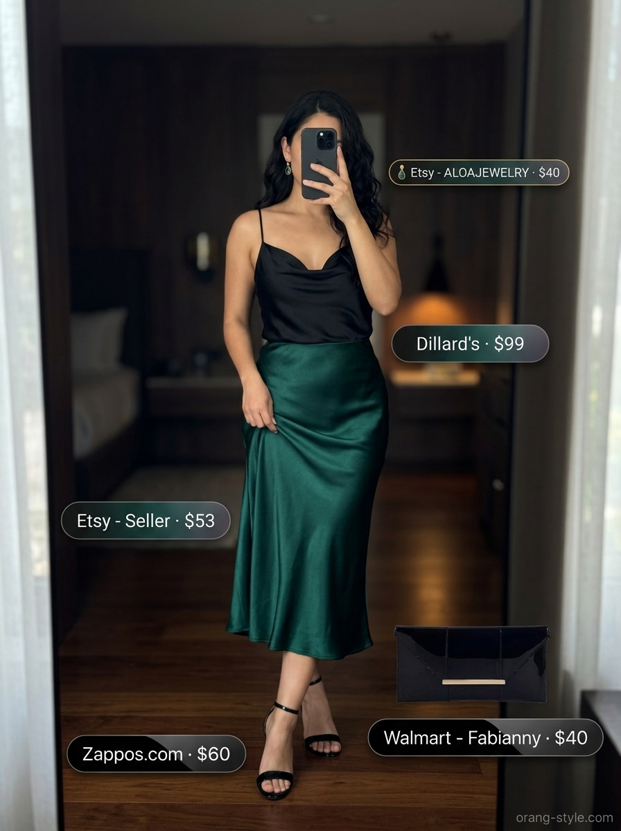 Elegant emerald green slip skirt outfit for summer skirt outfits 2026, perfect for date nights.