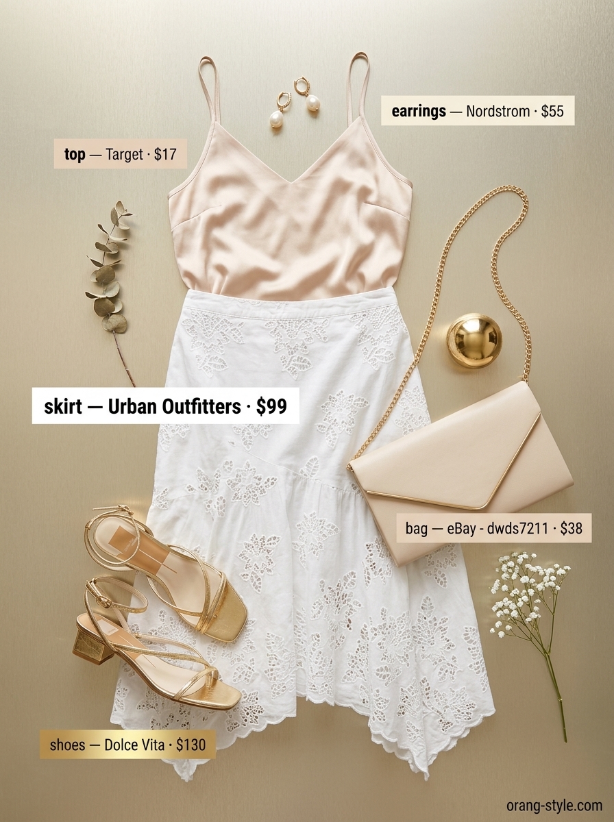 Cream eyelet lace skirt outfit for a garden party, bridal shower, or elegant lunch in 2026.