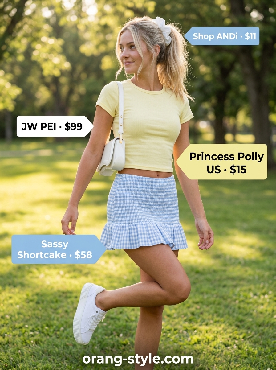 Blue gingham smocked skirt outfit for casual dates or picnics in 2026.