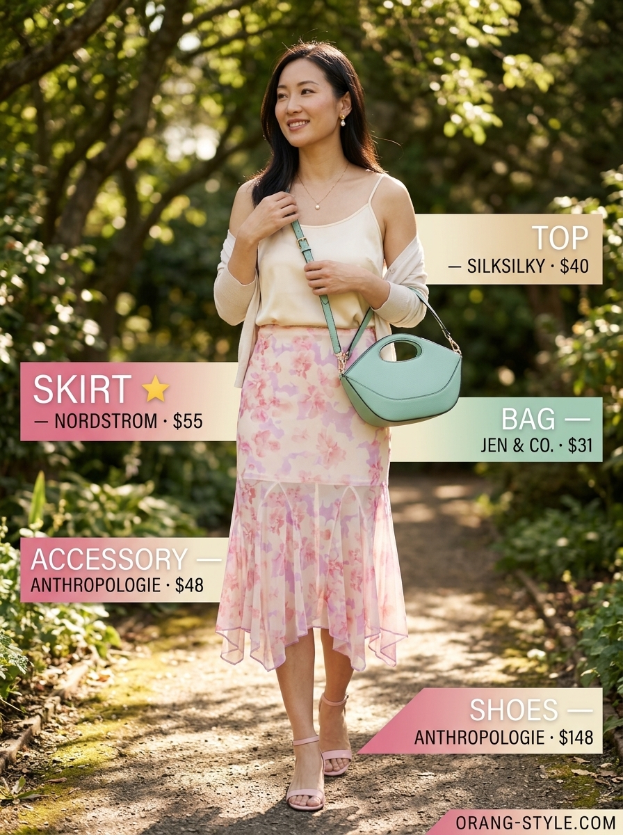 Romantic summer skirt outfit 2026: Blush pink floral midi skirt, cream camisole, nude sandals for garden party.