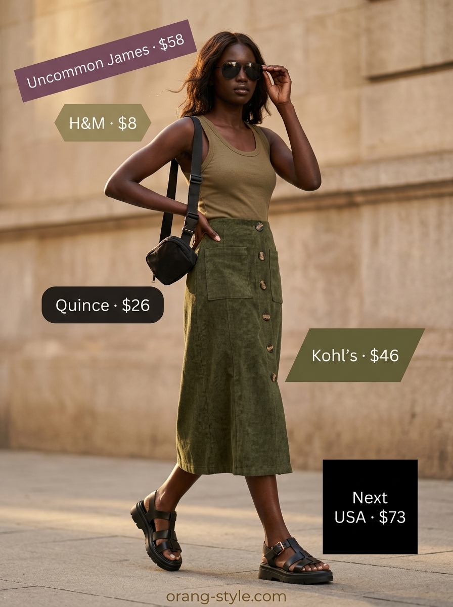 Safari chic summer skirt outfit 2026: Khaki A-line midi skirt, olive tank, black sandals for travel.