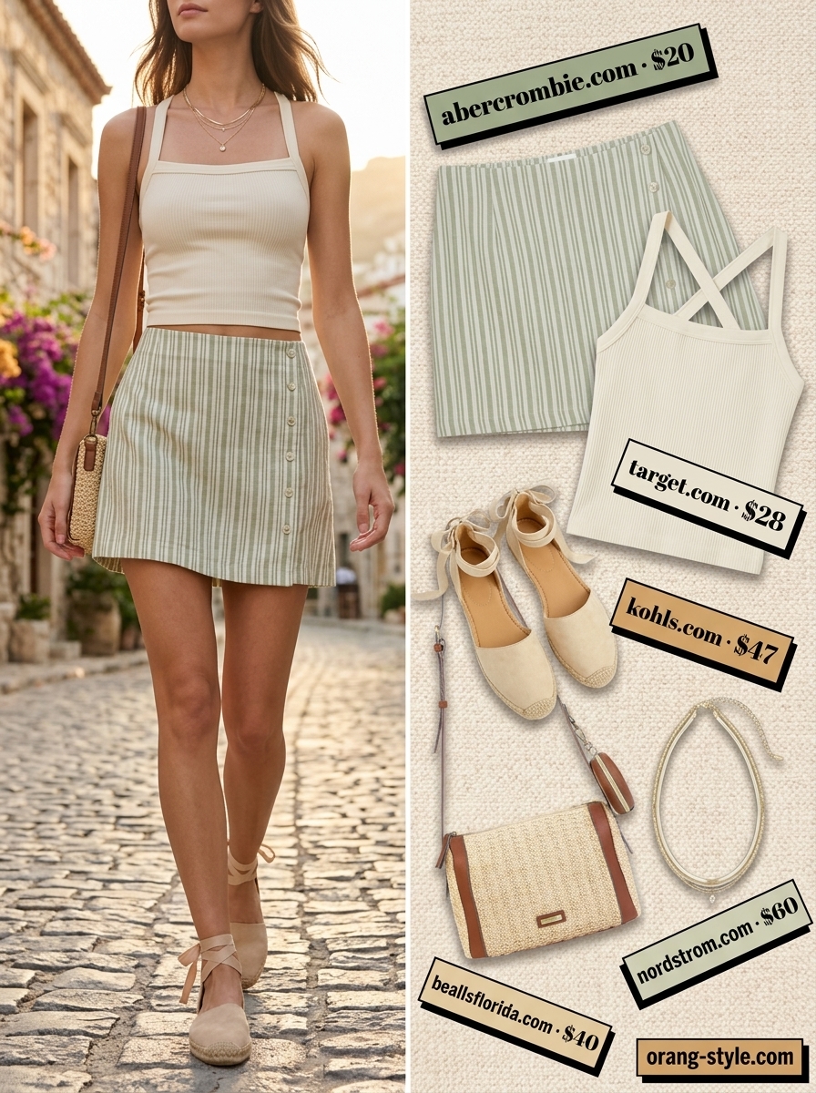 Relaxed sage green linen mini skirt outfit for summer skirt outfits 2026, perfect for brunch.