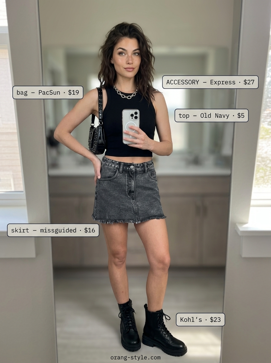 Edgy dark denim mini skirt outfit for summer skirt outfits 2026, perfect for concerts or nights out.