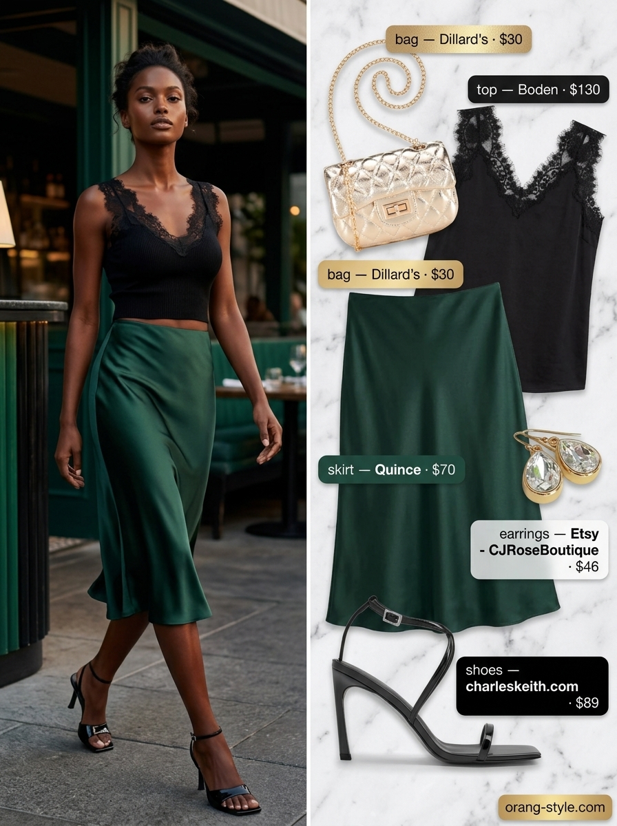 Glamorous summer skirt outfit 2026: Emerald green satin midi skirt, black cami, gold bag for date night.
