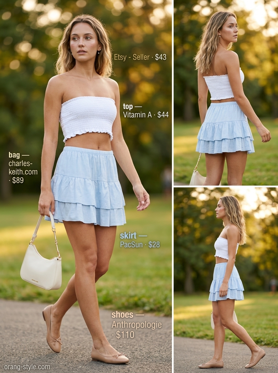 Sweet summer skirt outfit 2026: Sky blue tiered mini skirt, white bandeau top, nude flats for picnic.