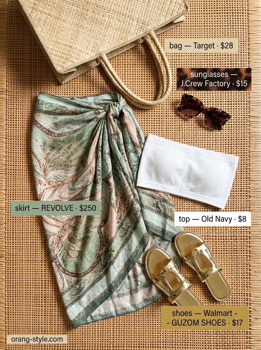 Tropical print chiffon wrap skirt outfit for resort wear or beach vacations in 2026.