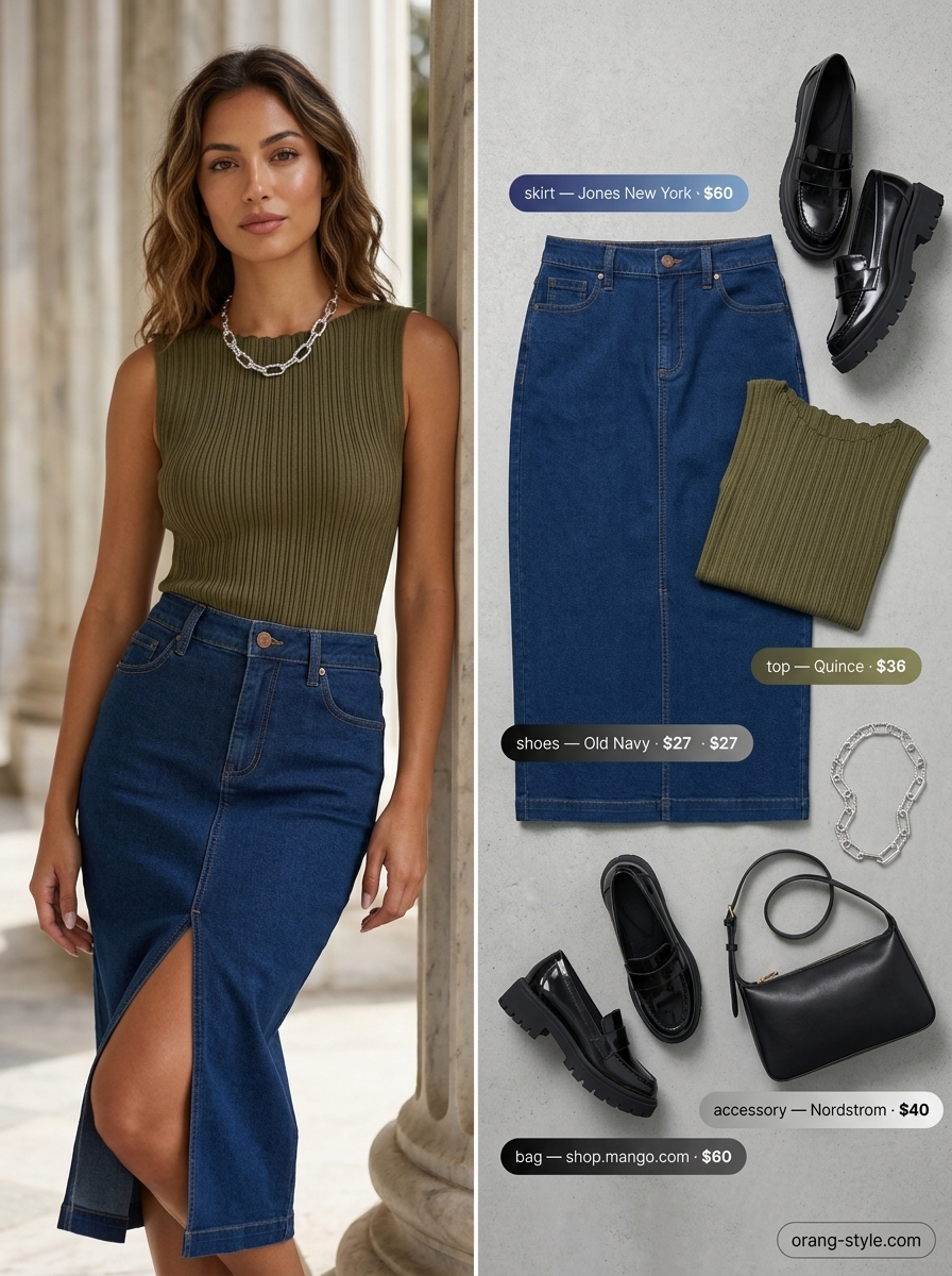 Urban safari chic summer skirt outfit 2026: Dark denim midi skirt, olive tank, black loafers for city.