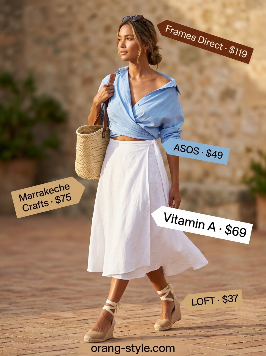 Elegant white linen wrap skirt outfit for summer skirt outfits 2026, ideal for resort wear.