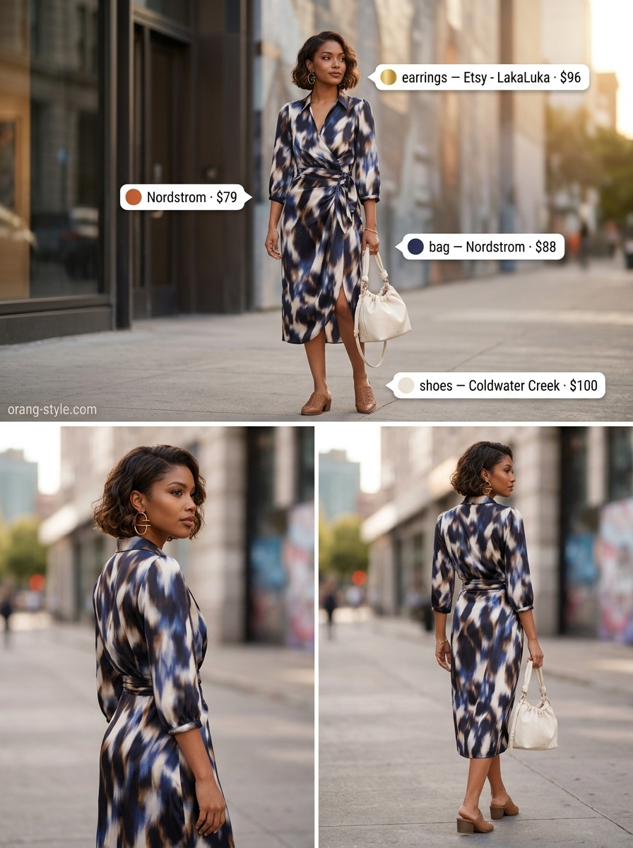 Artistic abstract print midi wrap dress for city strolls 2026, with tan mules and gold hoops.