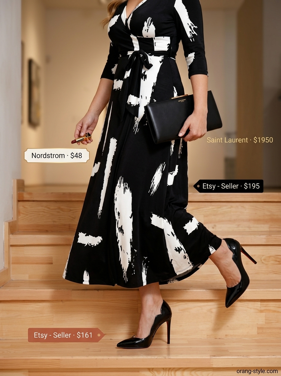 Sophisticated black abstract print maxi wrap dress for art gallery openings 2026, with black heels.