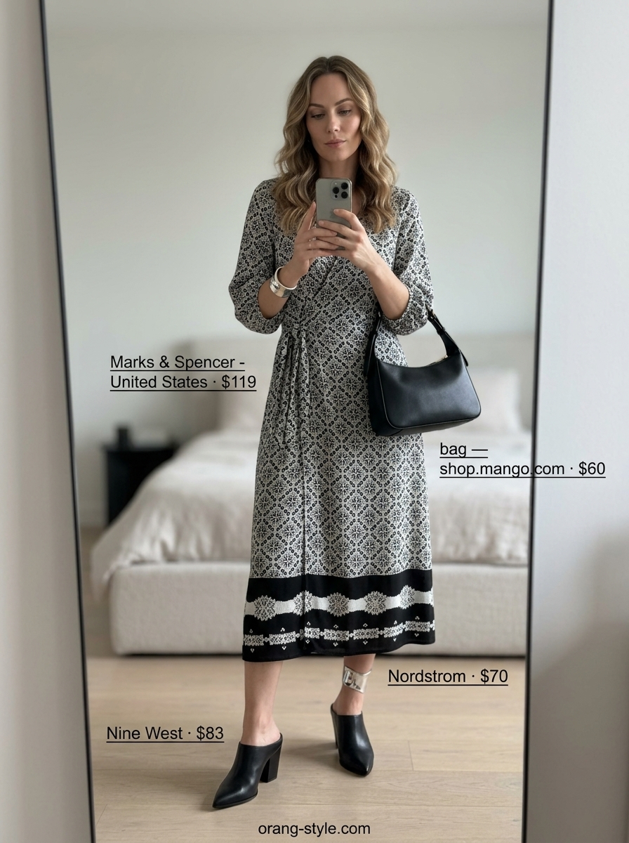 Black abstract print midi wrap dress for summer 2026, ideal for art galleries & chic lunches. Styled with mules & shoulder bag.