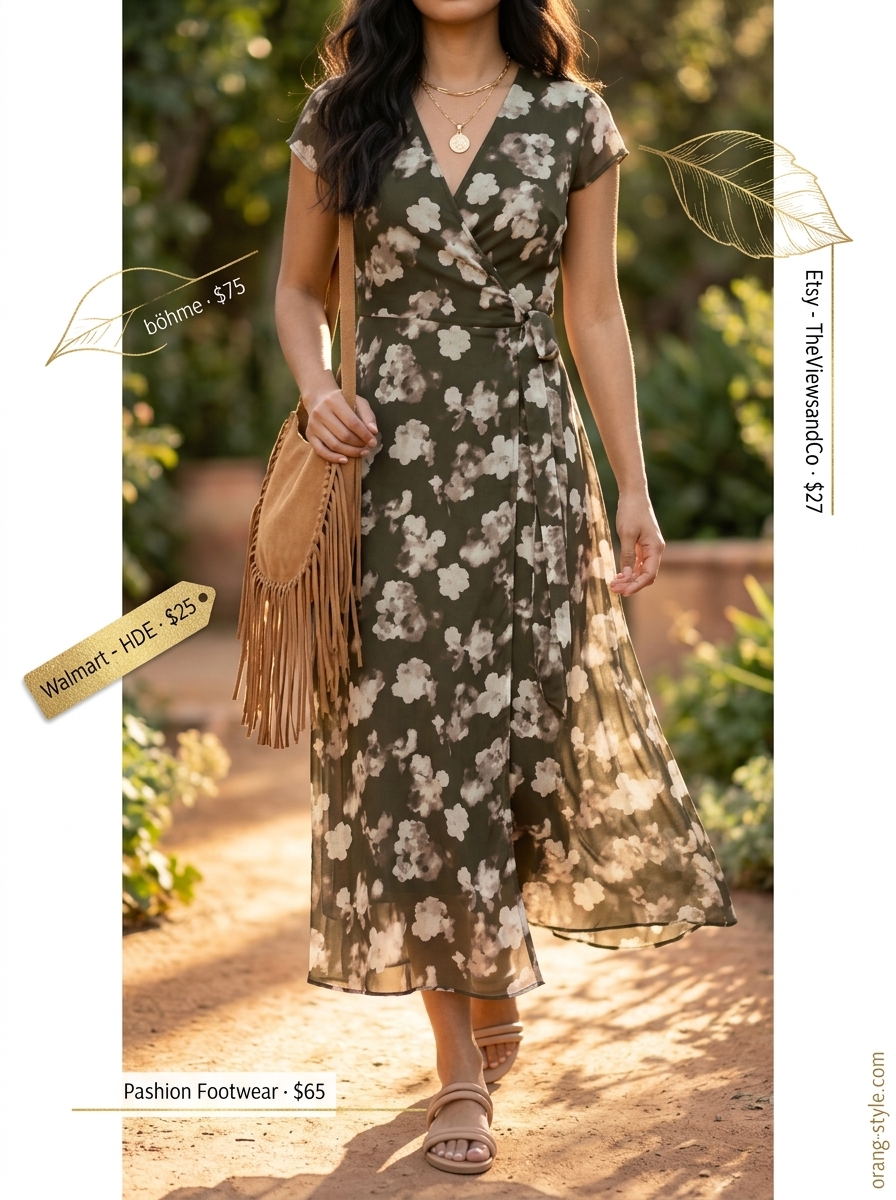 Terracotta floral maxi wrap dress for summer 2026, perfect for festivals & boho events. Styled with sandals & fringe bag.