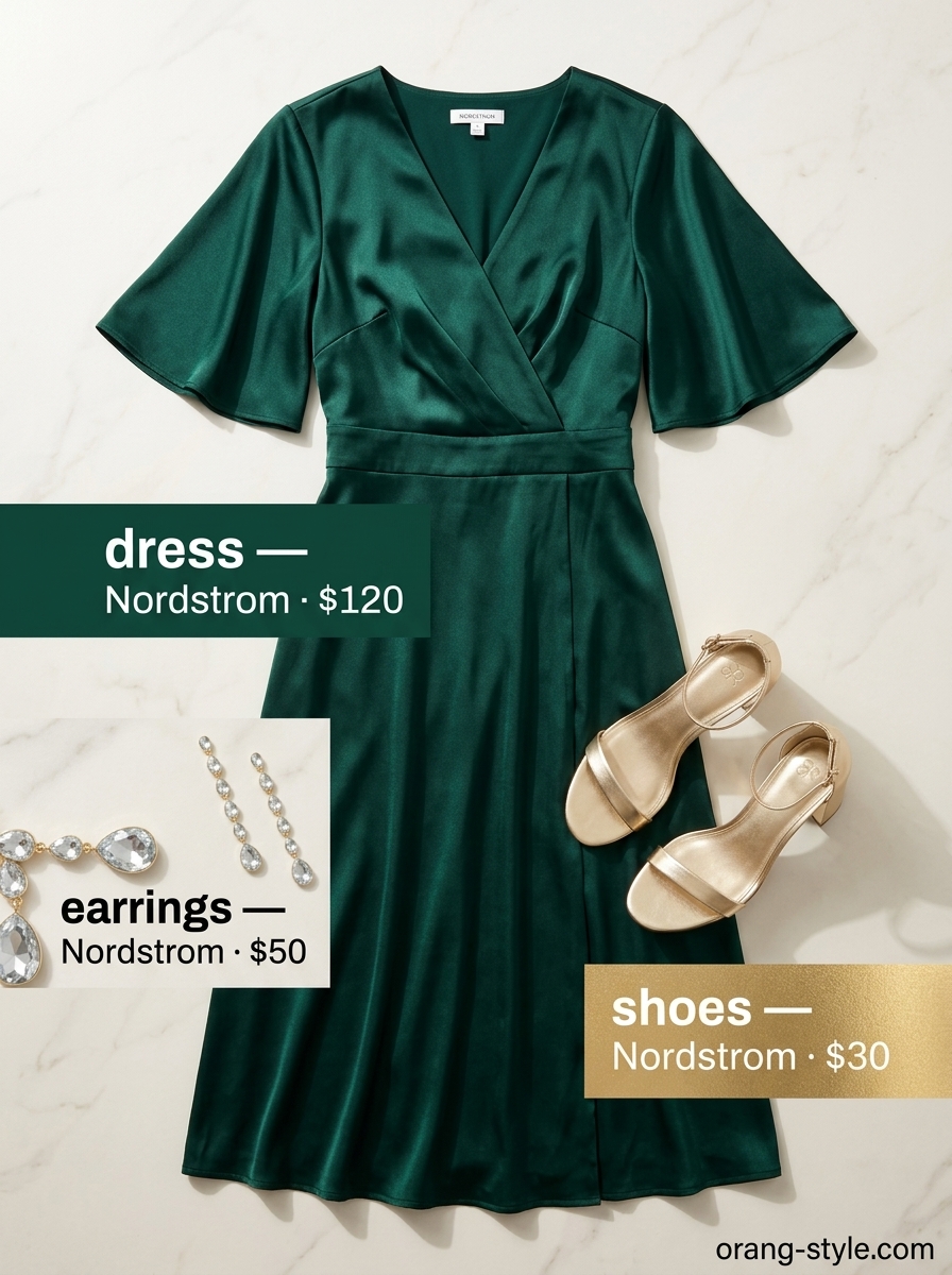 Elegant emerald green maxi wrap dress for summer weddings 2026, with gold heels and clutch.