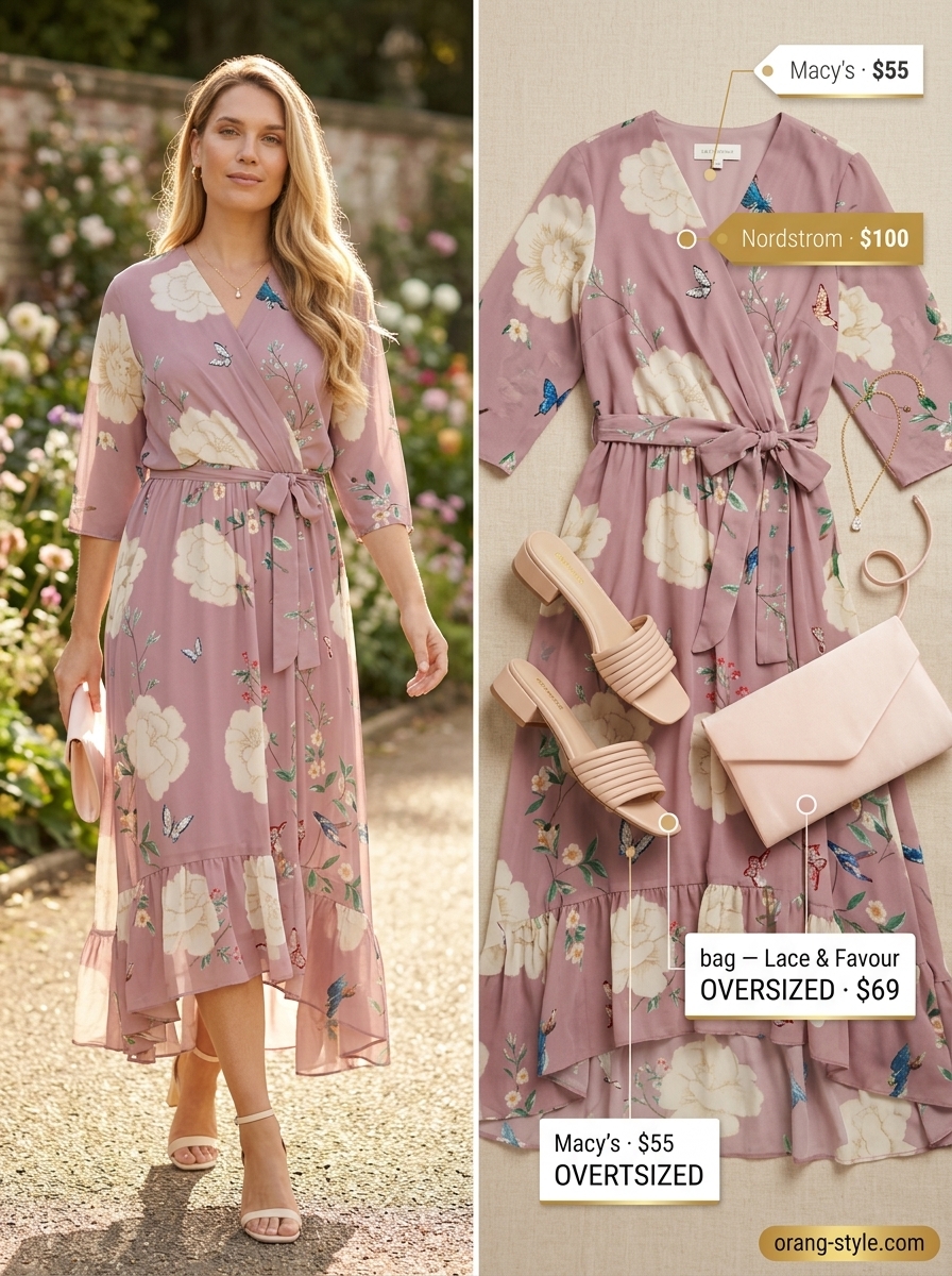 Pastel floral midi wrap dress for summer 2026, perfect for garden parties & brunch. Styled with nude sandals & gold necklace.