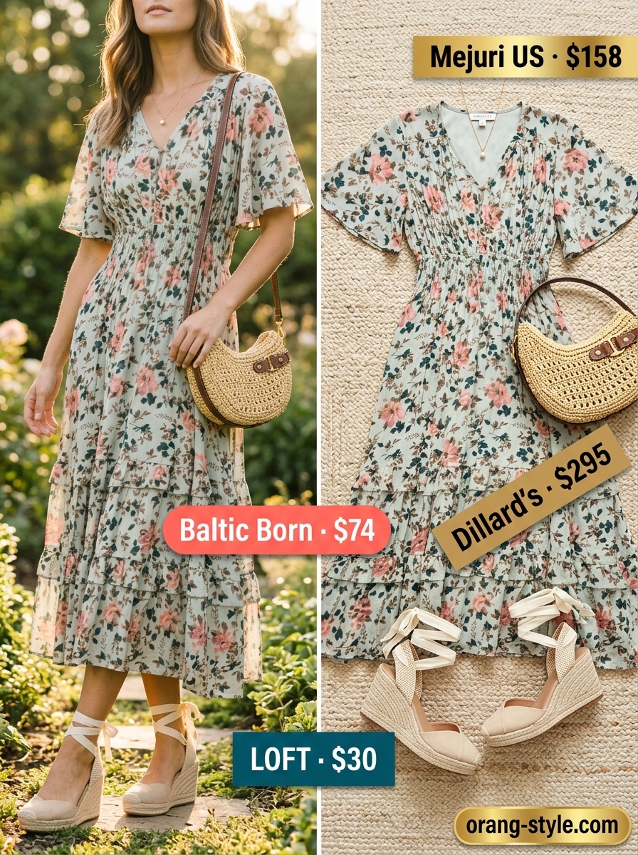 Romantic pink floral midi wrap dress with espadrille wedges for a garden party.