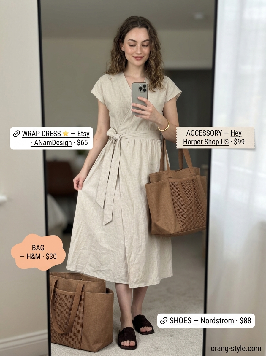 Effortless beige linen midi wrap dress with woven tote for a weekend market stroll.