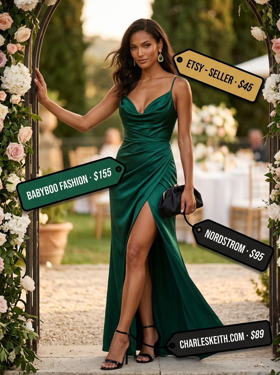 Glamorous emerald green silk maxi wrap dress with statement gold earrings for a formal summer event.