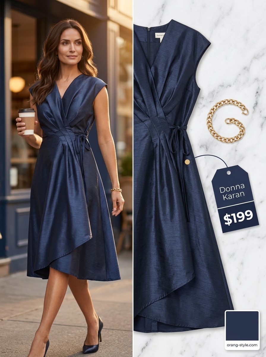 Professional navy wrap dress for office wear 2026, styled for business lunch.