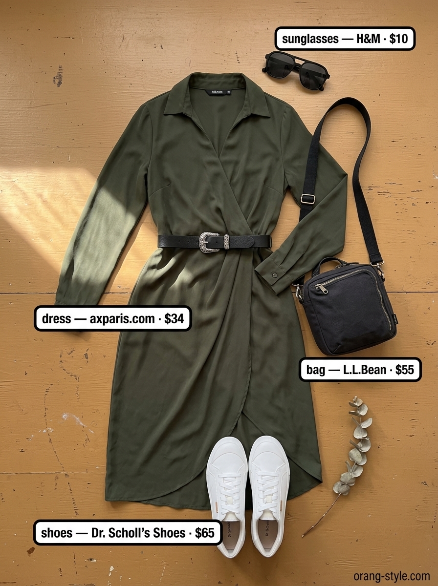Casual olive green midi wrap dress for weekend errands 2026, with white sneakers and black crossbody bag.