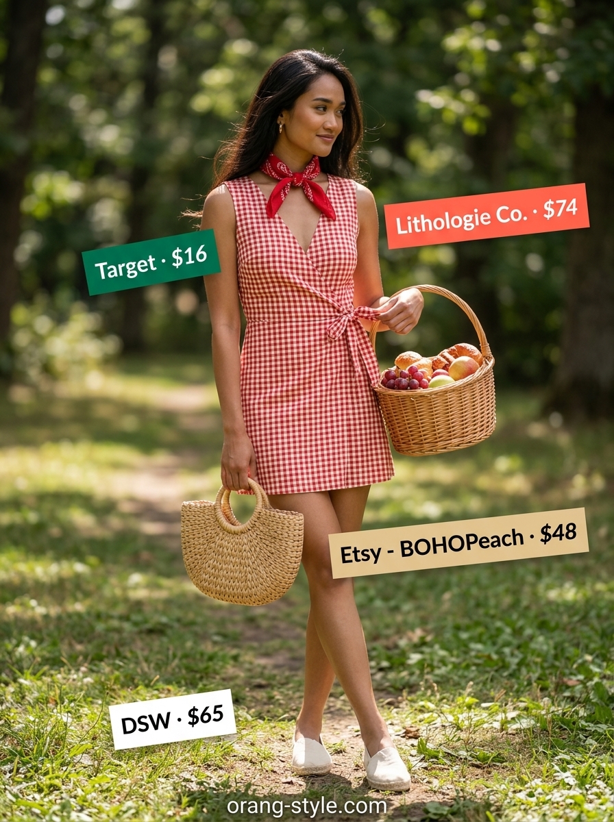 Sweet red gingham mini wrap dress with espadrille flats for a picnic.