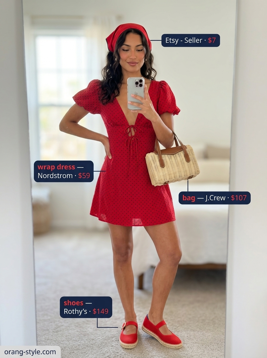 Red polka dot mini wrap dress for summer 2026, perfect for picnics & casual dates. Styled with espadrille flats & wicker bag.