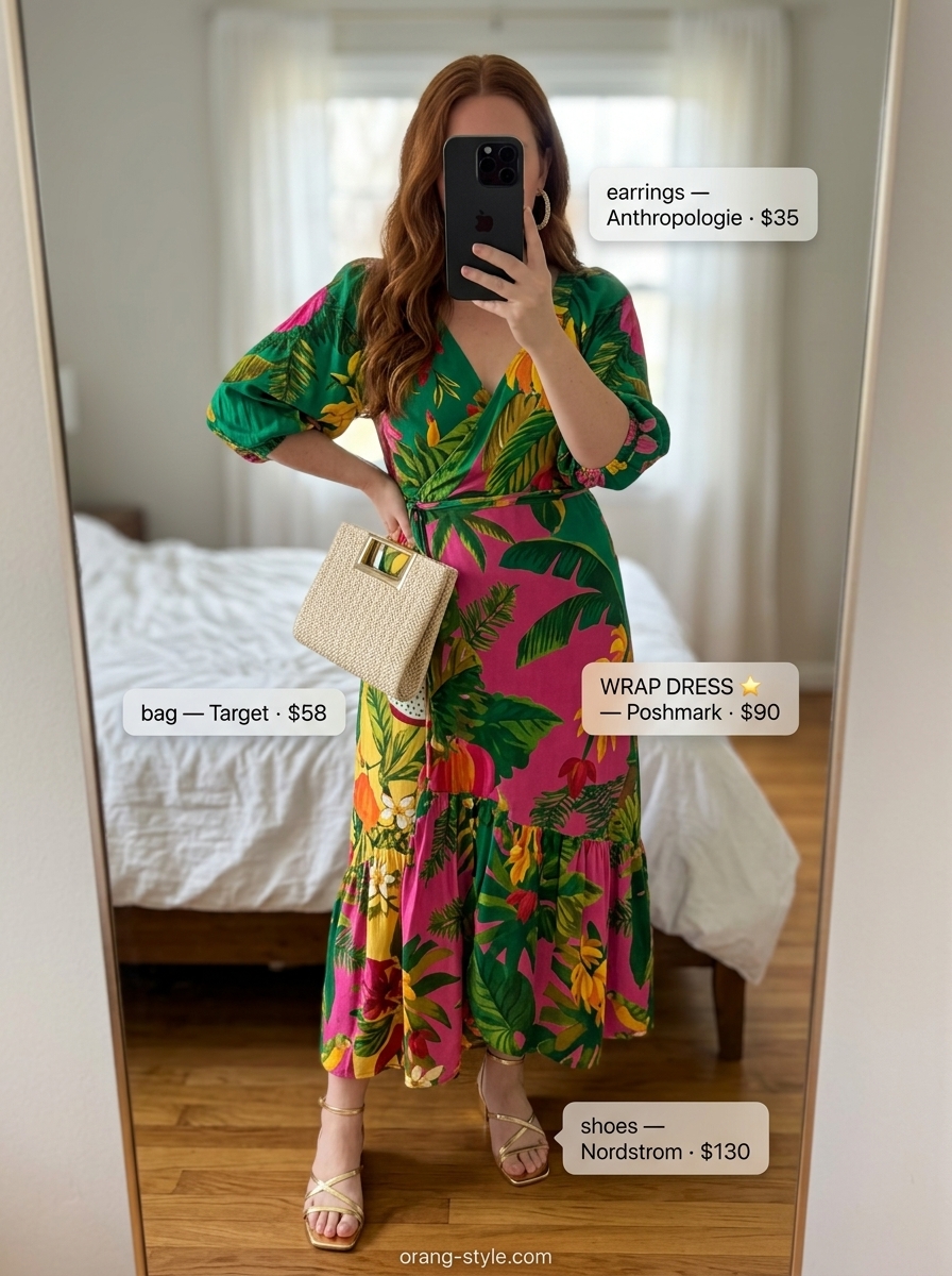 Emerald green tropical print midi wrap dress for summer 2026, ideal for resort wear & summer parties. Styled with gold heels & clutch.