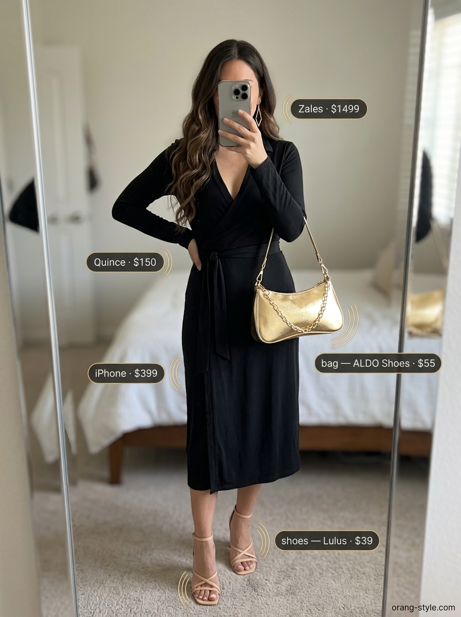 Sophisticated black midi wrap dress with gold accessories for a summer evening event.