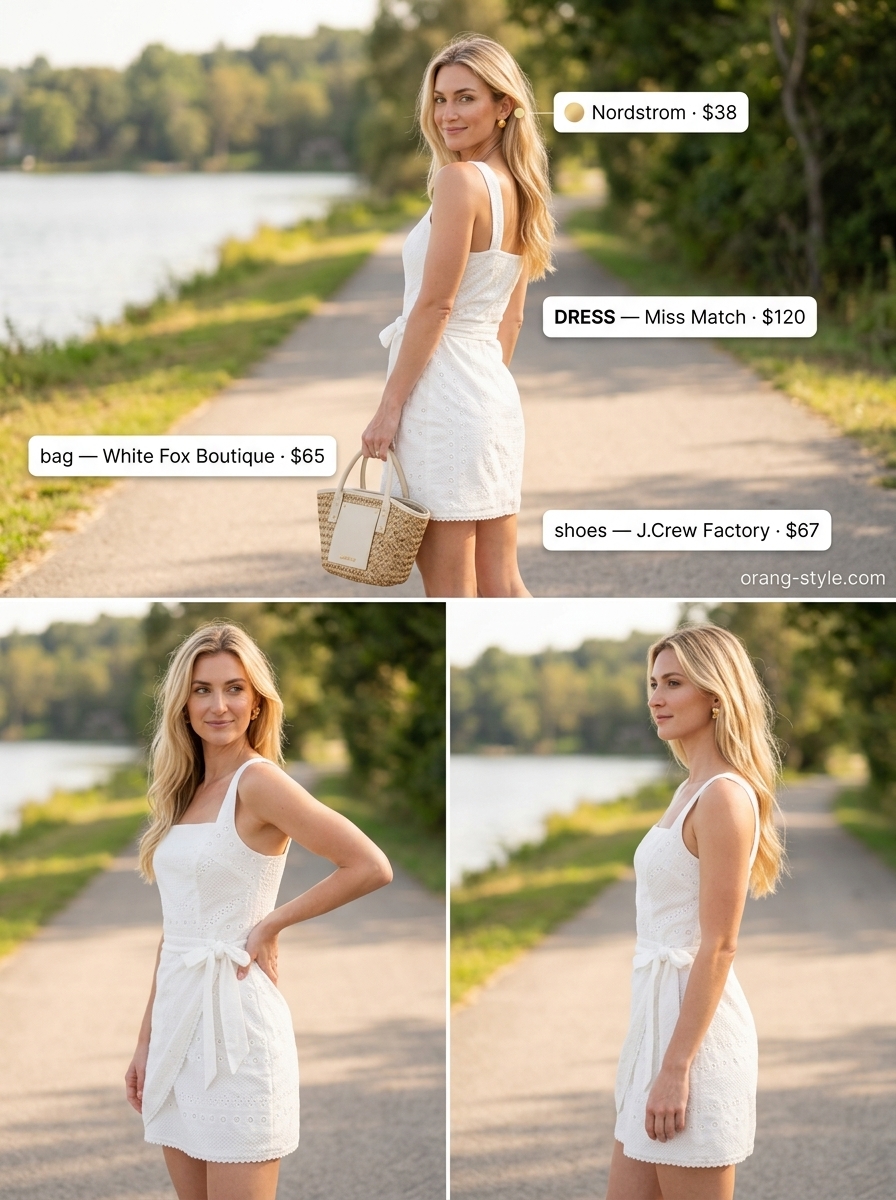 Preppy white eyelet mini wrap dress for a lakeside lunch 2026, with navy espadrilles and straw bag.