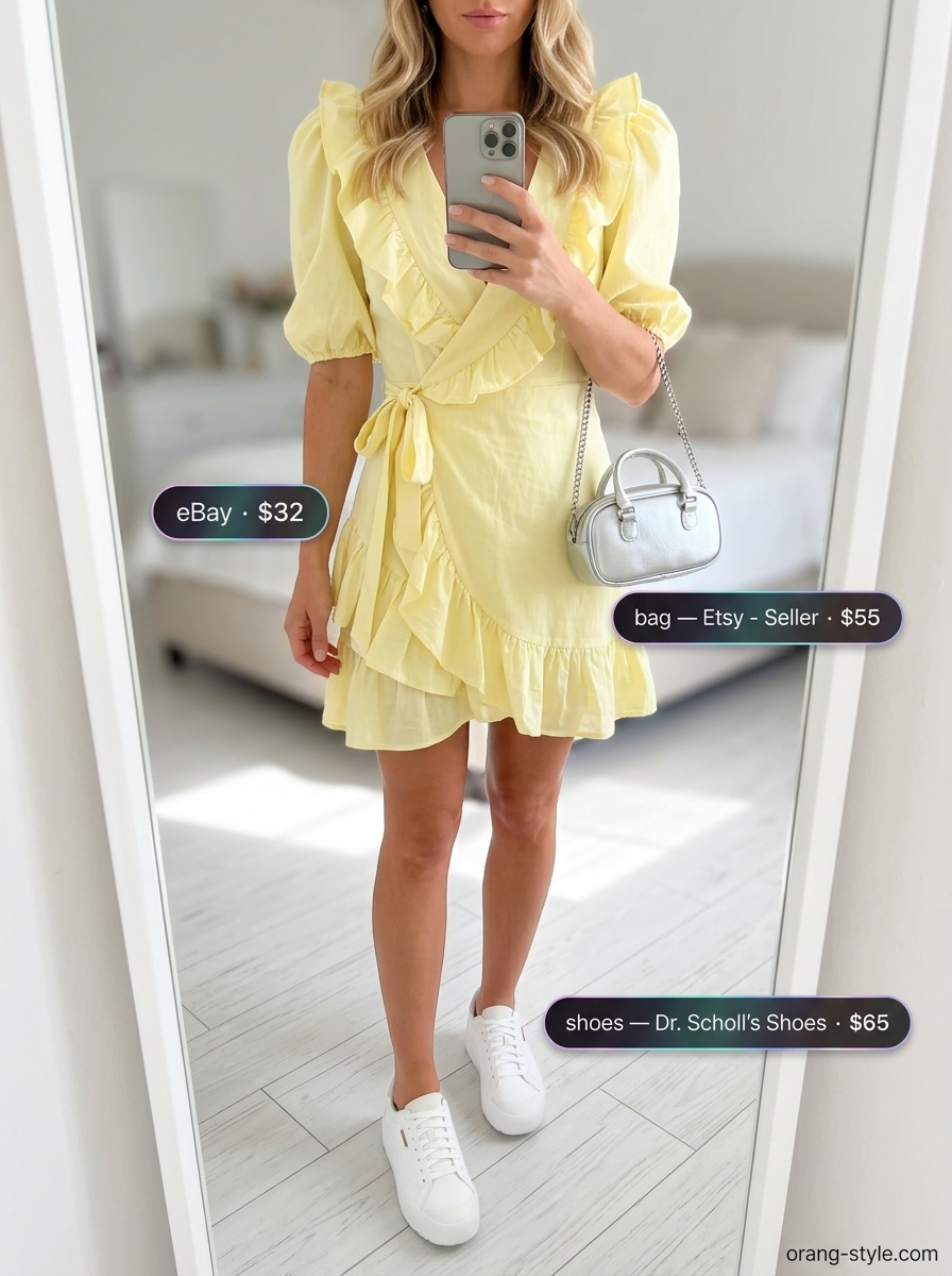 Lemon yellow mini wrap dress for summer 2026, perfect for garden parties & casual outings. Styled with white sneakers & silver bag.