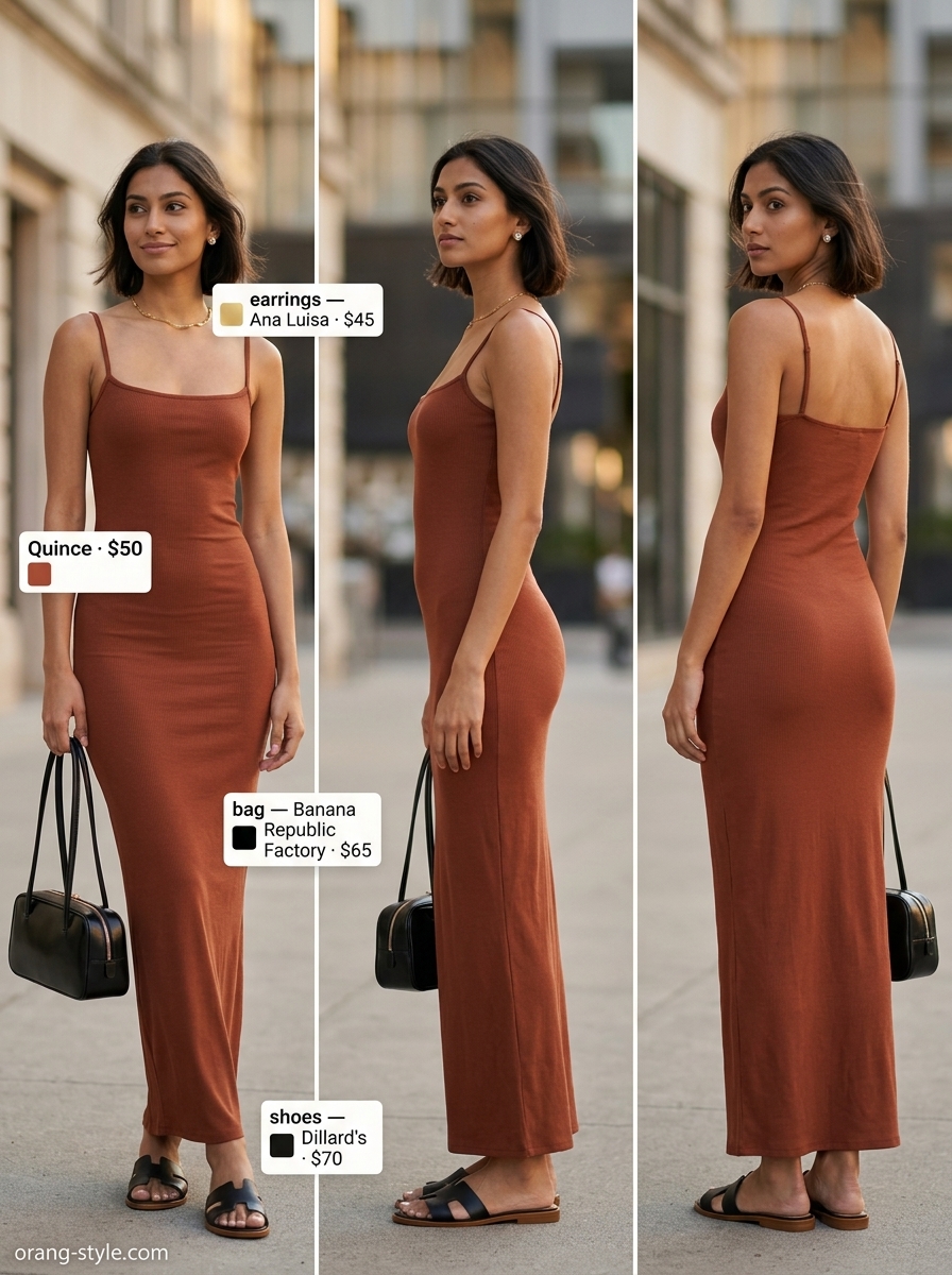 Beige ribbed knit sleeveless wrap maxi dress with black slides and shoulder bag for a minimalist gallery visit.