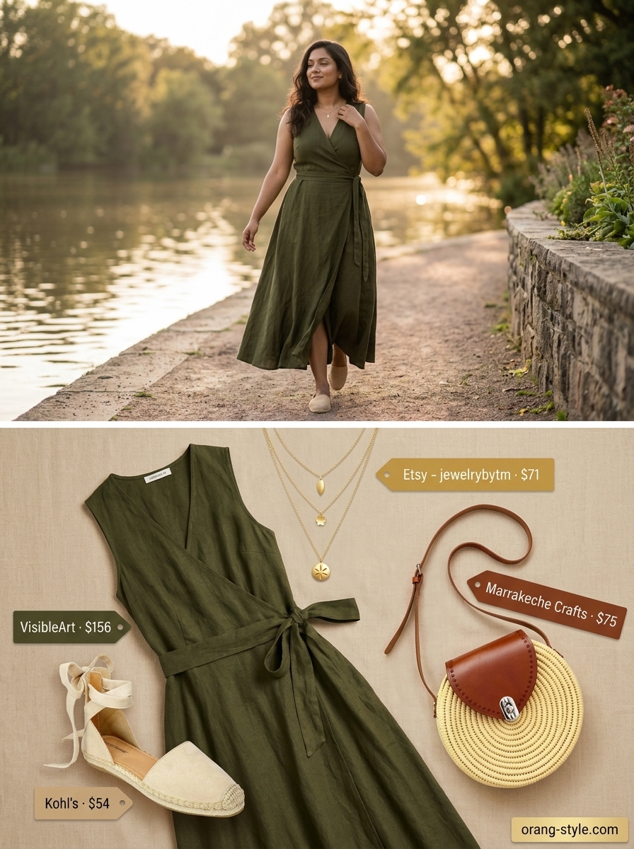 Boho beach club: olive green maxi wrap dress, straw crossbody, layered gold necklaces, and espadrilles.