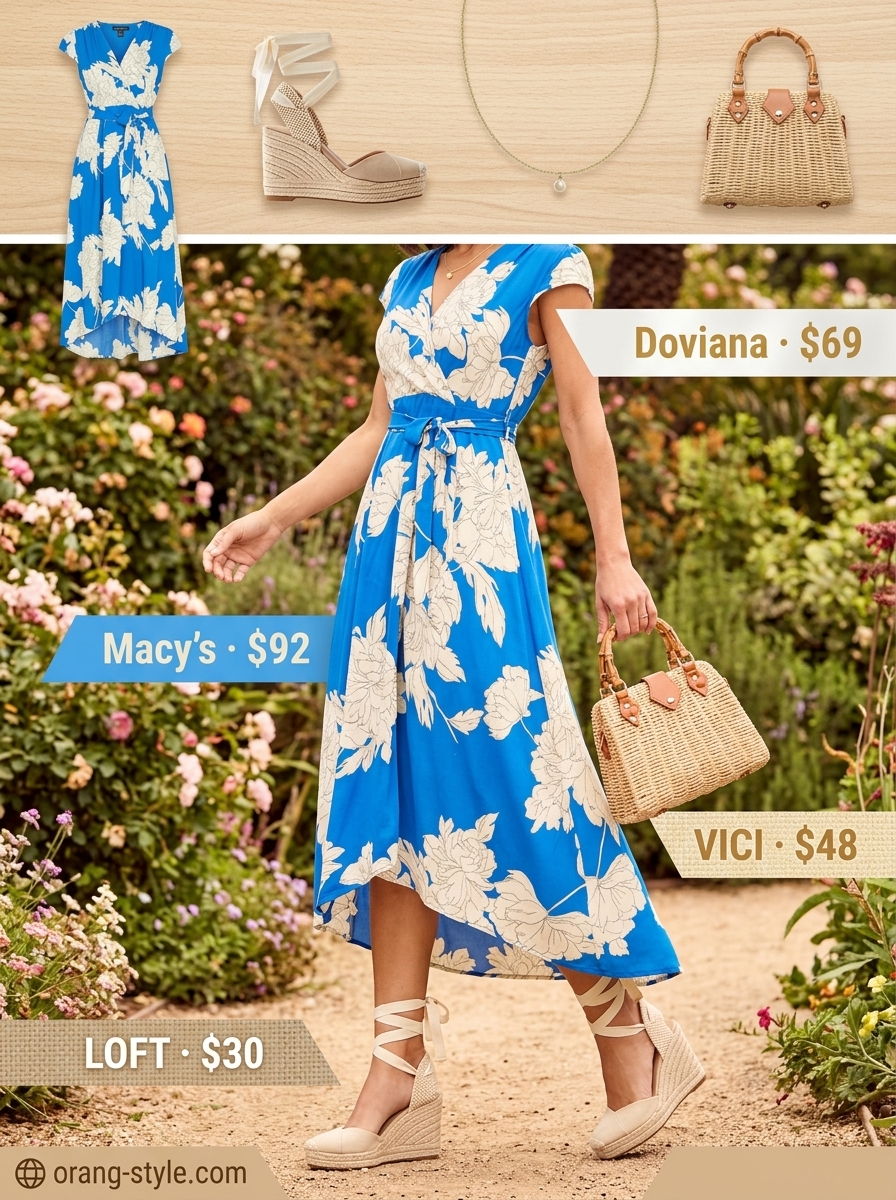 Botanical brunch: sky blue floral wrap dress, straw tote, espadrilles, and gold pearl necklace.