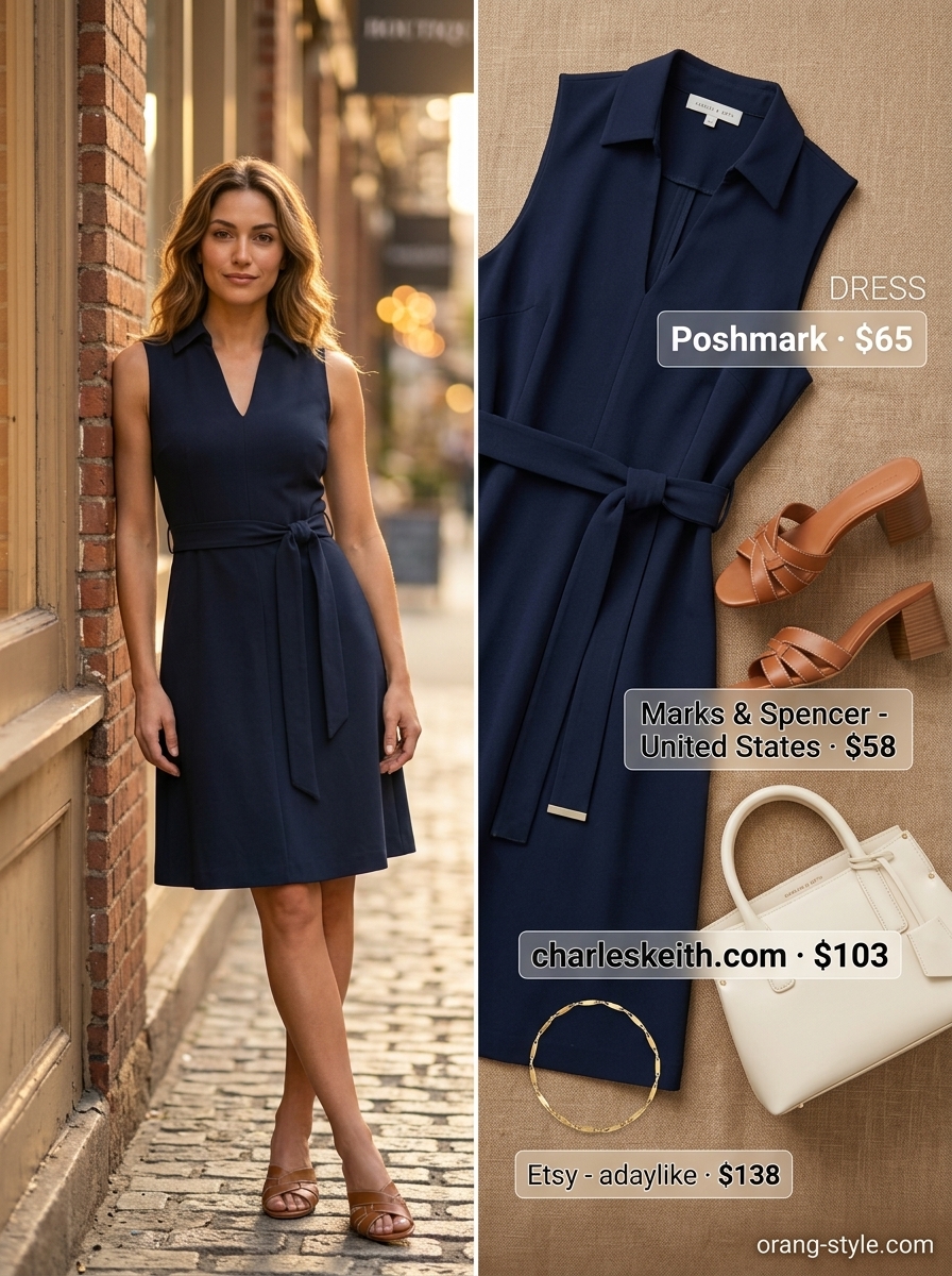 Sophisticated city escape: navy sleeveless wrap dress, tan mules, cream bag, and gold bracelet.