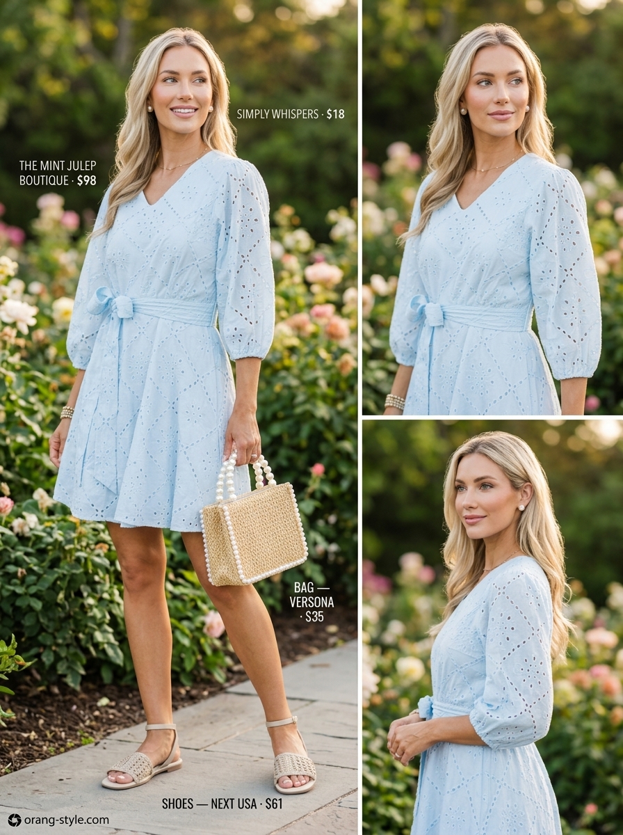 Sky Blue eyelet cotton midi wrap dress for coastal garden party 2026. Feminine outfit with woven sandals and basket bag.