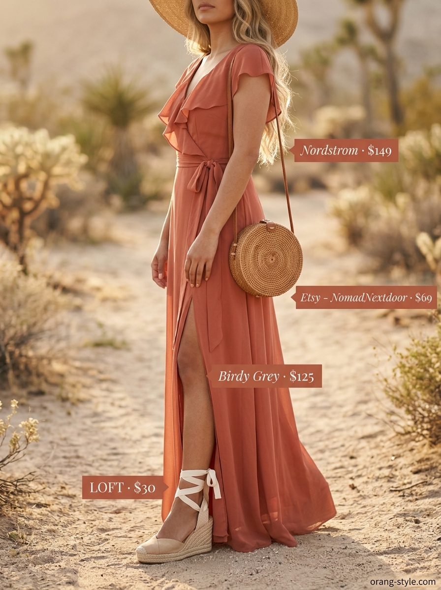 Terracotta cotton poplin maxi wrap dress for vacation 2026. Bohemian outfit with espadrilles and straw hat.