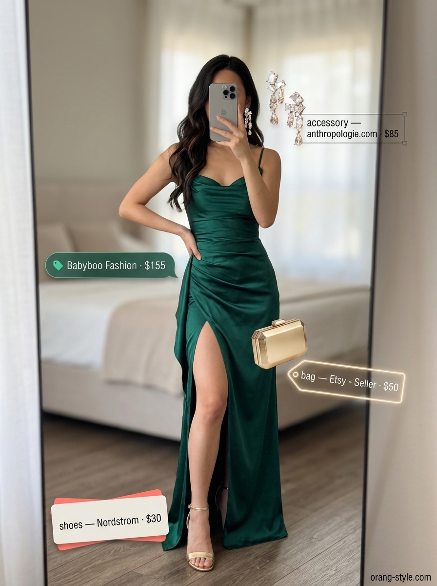 Emerald green sleeveless wrap maxi dress with gold chandelier earrings and metallic gold sandals for a formal gala.
