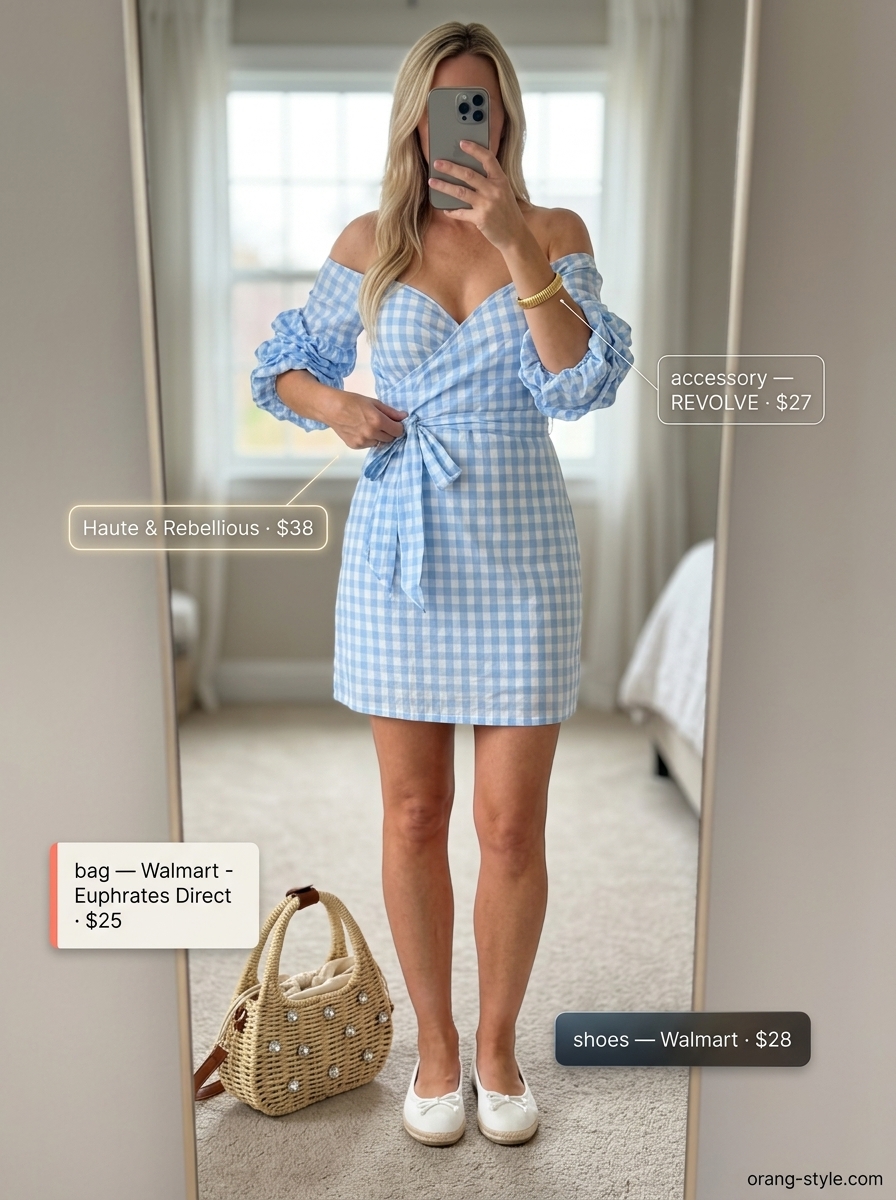 Sky blue gingham sleeveless wrap mini dress with white espadrilles and straw basket bag for a picnic.