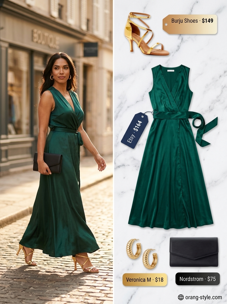 Emerald Green satin maxi wrap dress for summer wedding guest 2026. Glamorous outfit with gold sandals and statement earrings.
