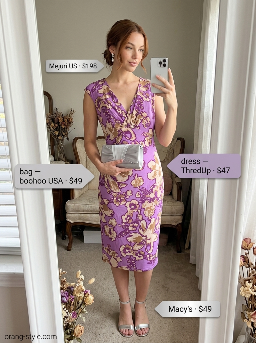 Lavender paisley print silk blend sleeveless wrap midi dress with silver block heels and pearl drop earrings.