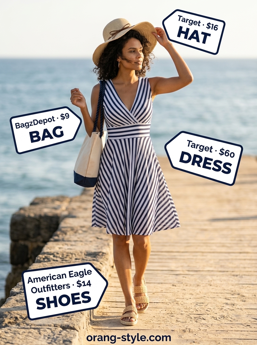 Navy and White striped midi wrap dress for coastal getaway 2026. Nautical outfit with espadrilles and straw hat.