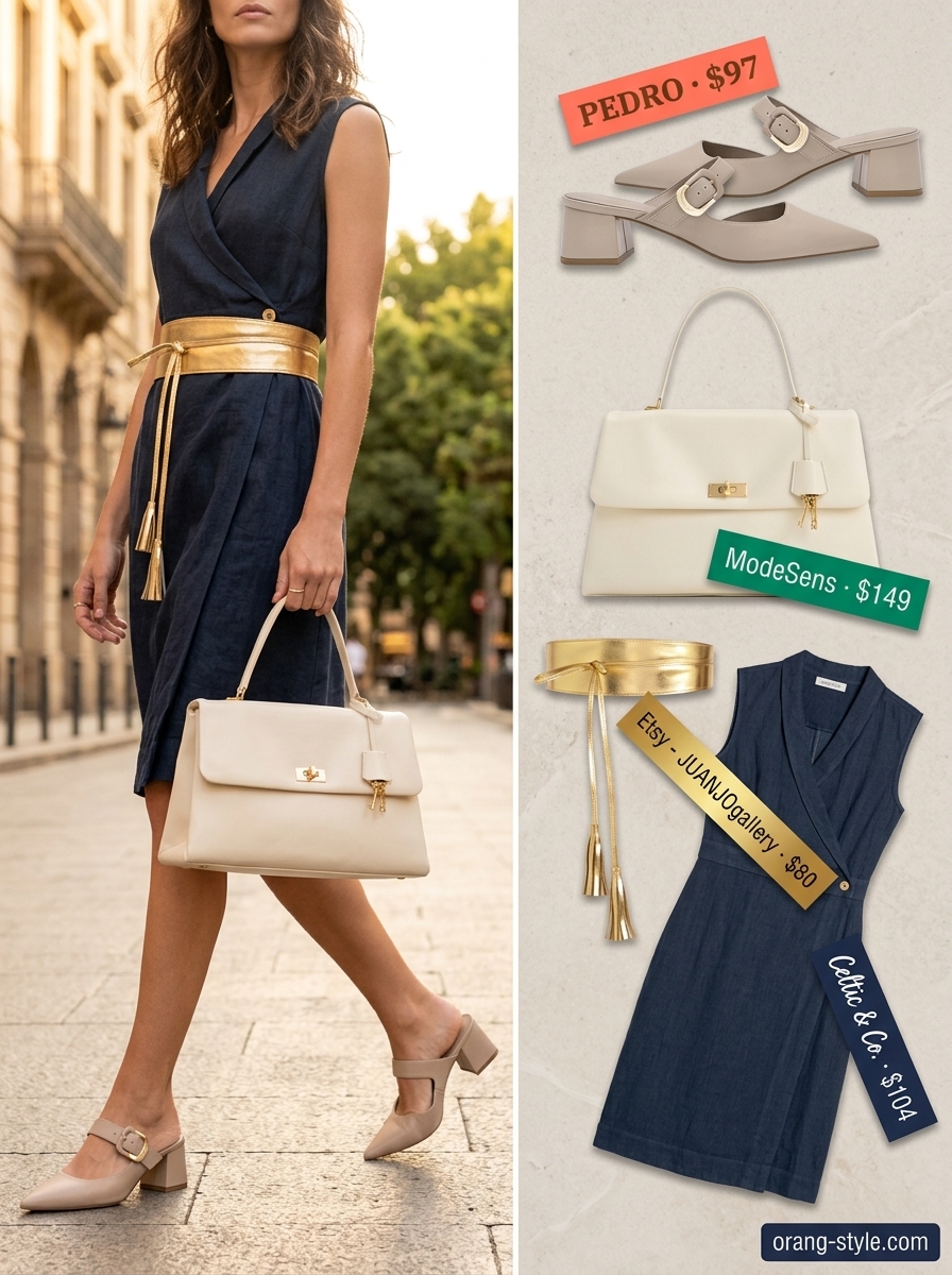 Navy linen blend sleeveless wrap dress, tan block heels, cream satchel for a chic city commuter summer office look.