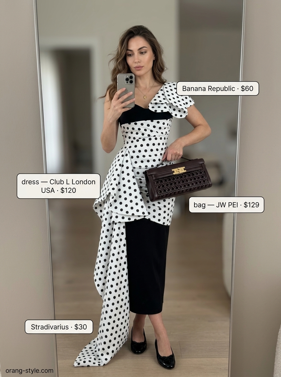 Black and white polka dot sleeveless wrap midi dress, black ballet flats, and red top-handle bag for city strolls.