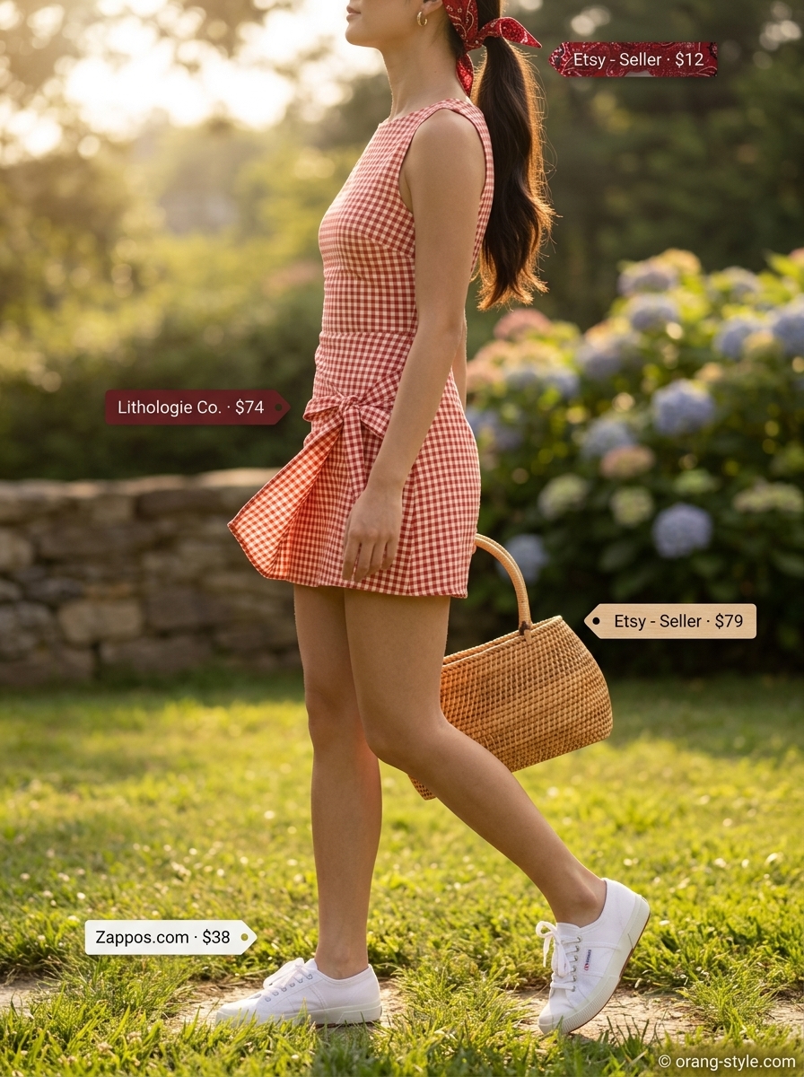 Red gingham sleeveless mini wrap dress with white canvas sneakers and a red bandana for a retro picnic.