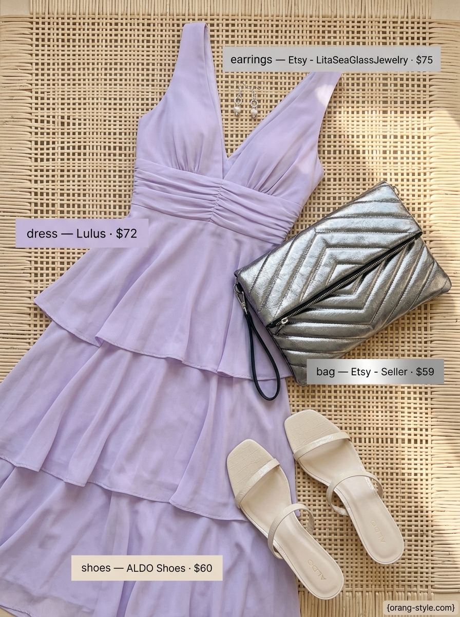 Soft Lavender chiffon midi wrap dress for garden tea party 2026. Romantic outfit with heeled mules and silver clutch.