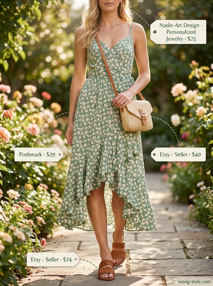 Sage green linen blend sleeveless wrap midi dress with floral print, flat leather slides, and straw crossbody bag.