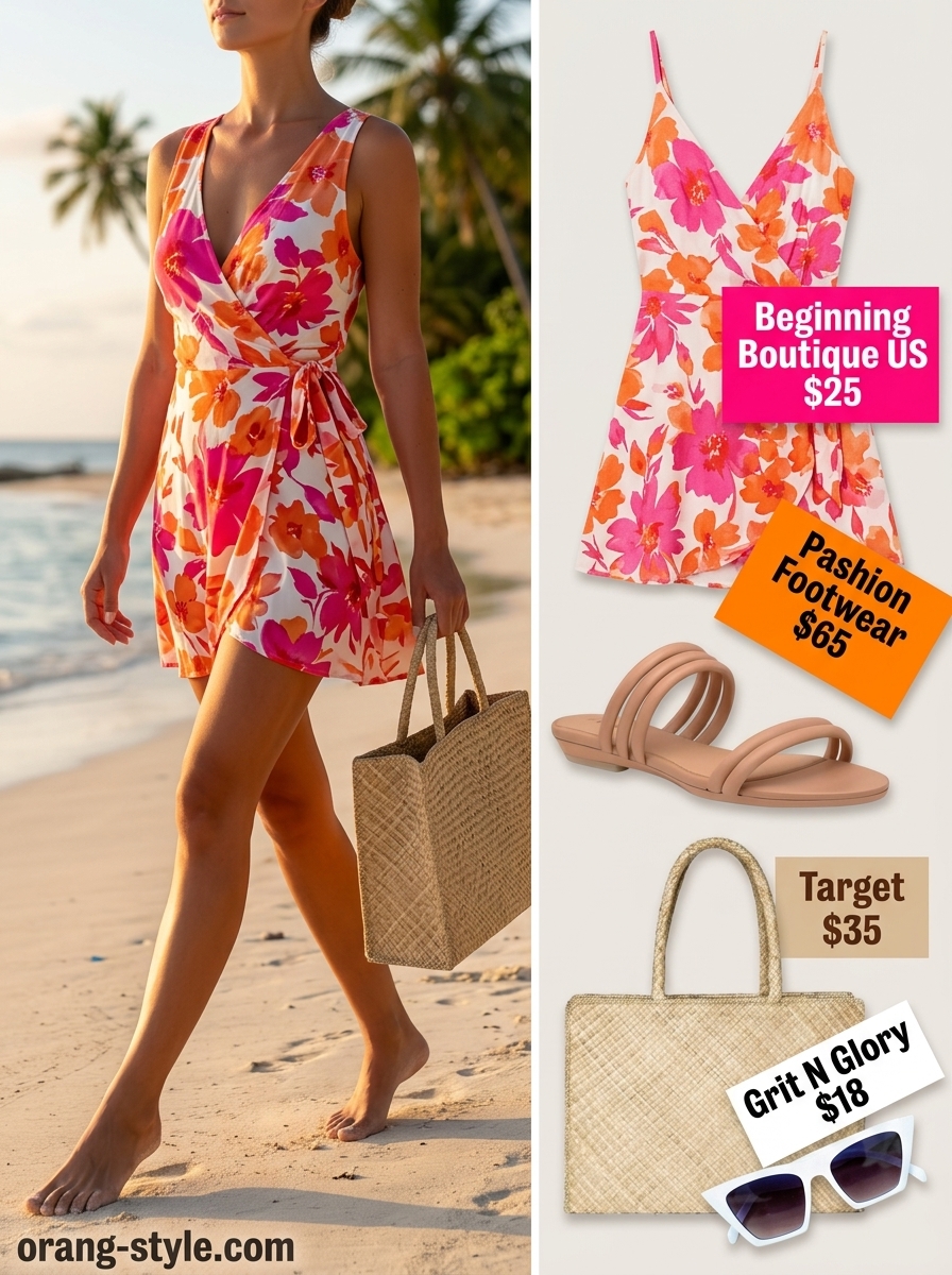 Tropical getaway glam: hot pink floral wrap dress, large tote, tortoiseshell sunglasses, and flat sandals.