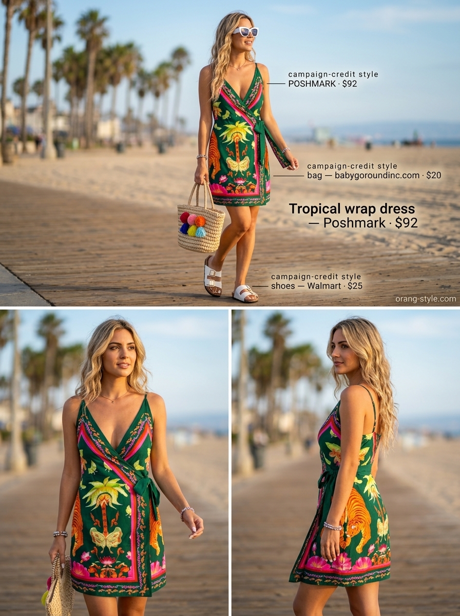 Vibrant tropical getaway: orange/pink/yellow floral wrap dress, straw tote, and white sunglasses.