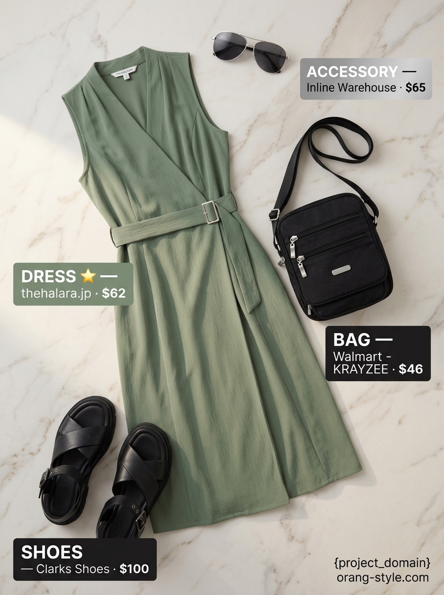 Urban safari adventure: khaki wrap dress, black sandals, crossbody bag, and aviator sunglasses.