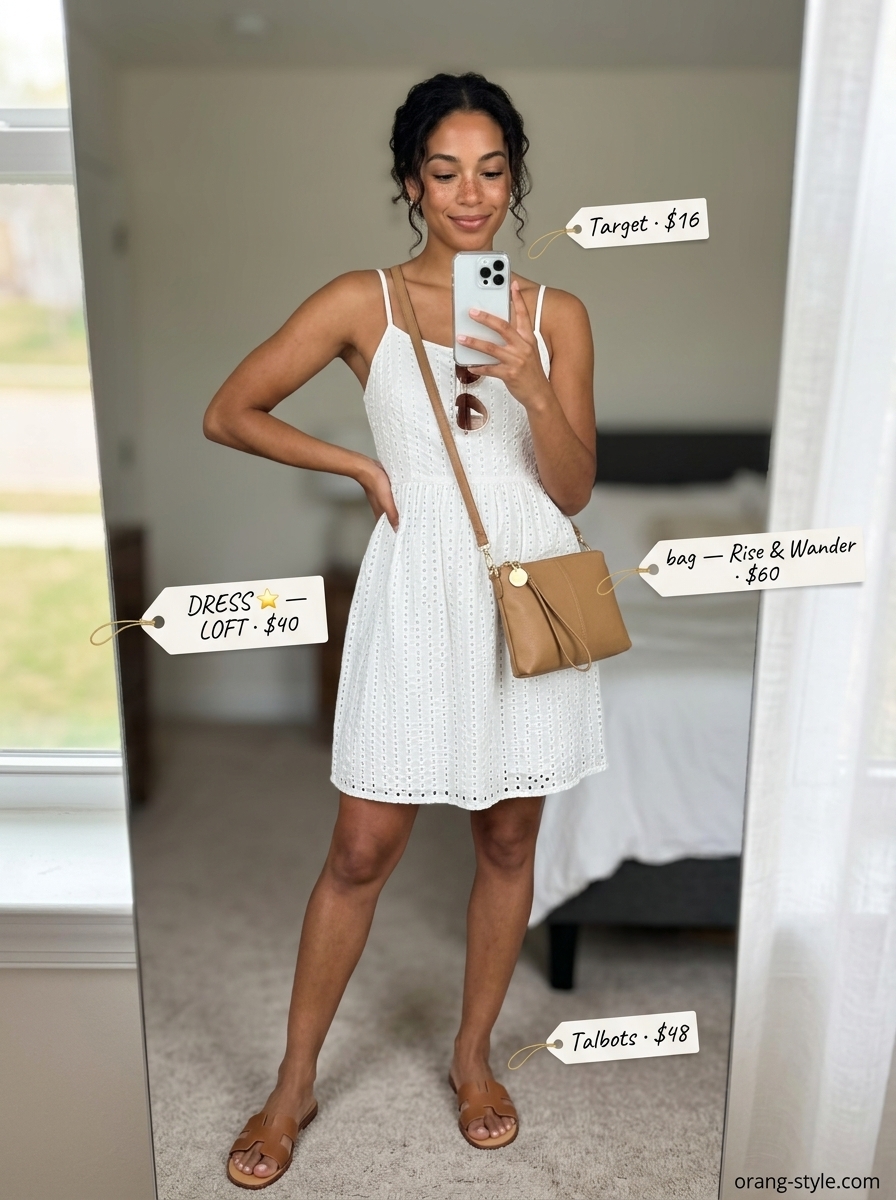 Effortless summer day: white eyelet wrap dress, tan slides, gold necklace, and aviator sunglasses.