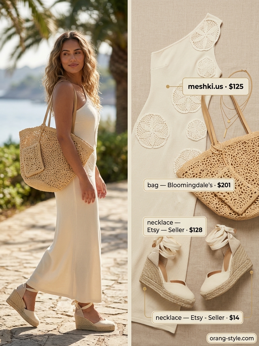 Textured all white summer outfits for women 2026: Cream crochet maxi dress, straw tote, espadrille wedges, and layered gold necklaces.